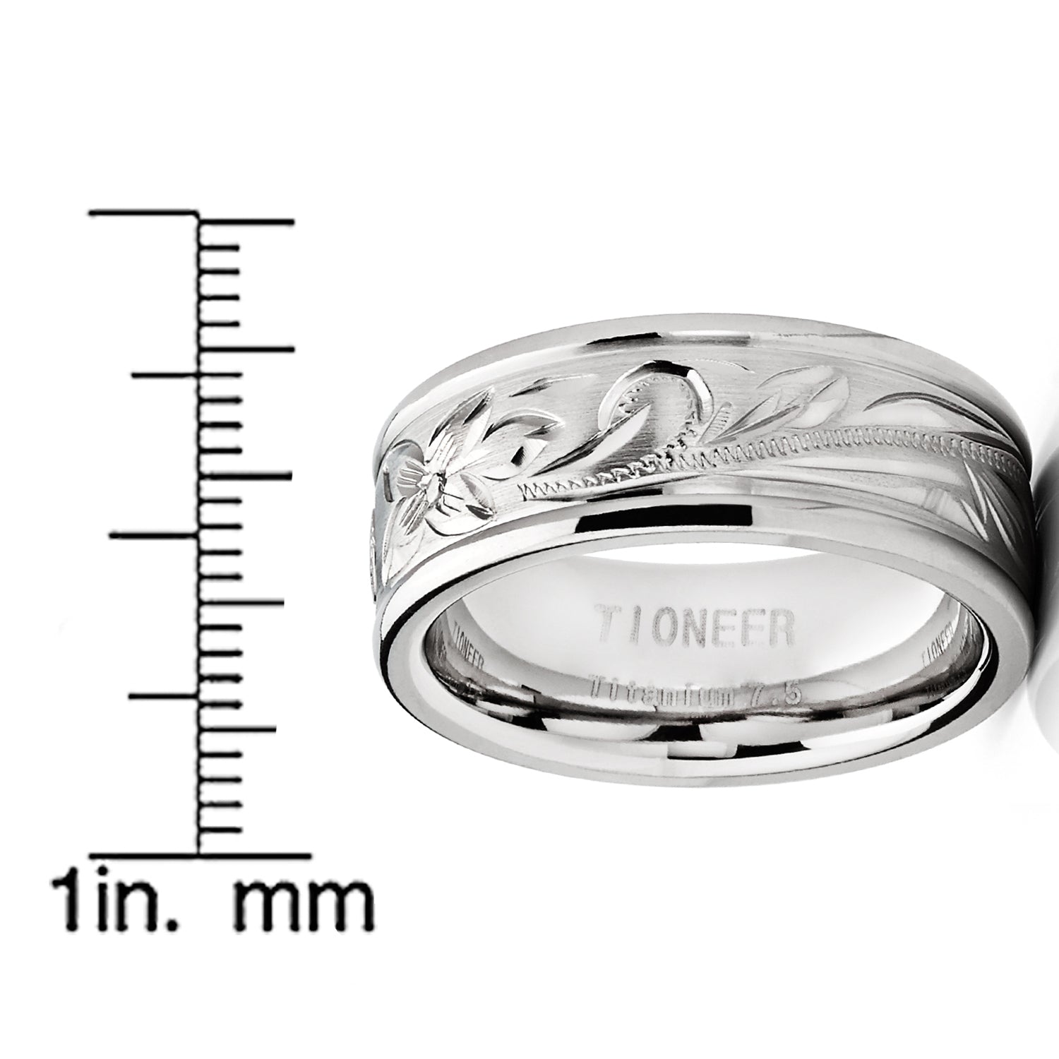 Men's 8MM Titanium Ring Wedding Band With Engraved Floral Design Sizes 7 to 13