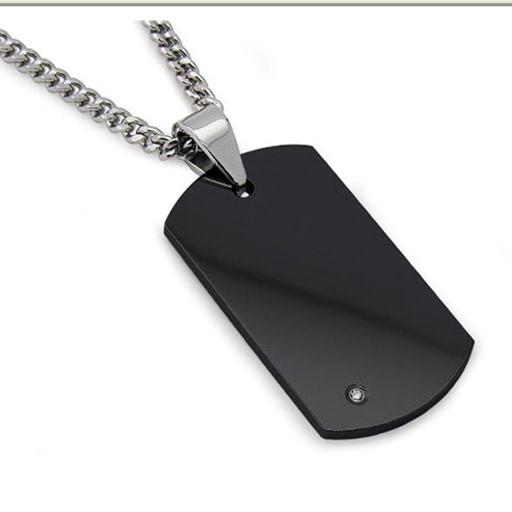 Men's Black Tungsten Carbide Dog Tag Real Diamond 24" Steel Curb Link Chain