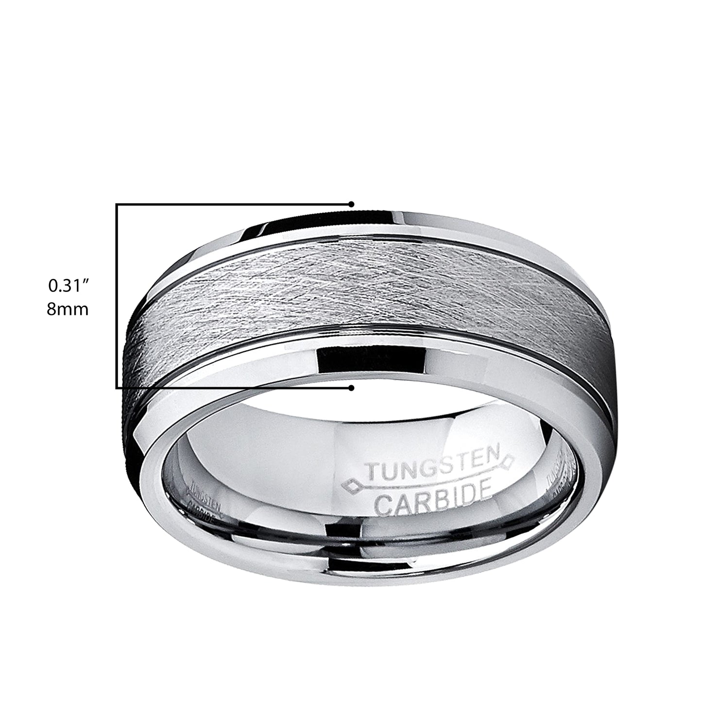 Tungsten Carbide Men's Brushed Center Wedding Band Ring, Comfort Fit ,8 mm Sizes 7 to 15