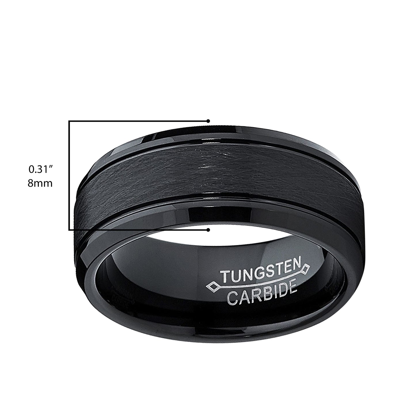 Tungsten Carbide Men's Black Brushed Textured Center Ring Band, 8 mm Comfort Fit Sizes 7 to 15