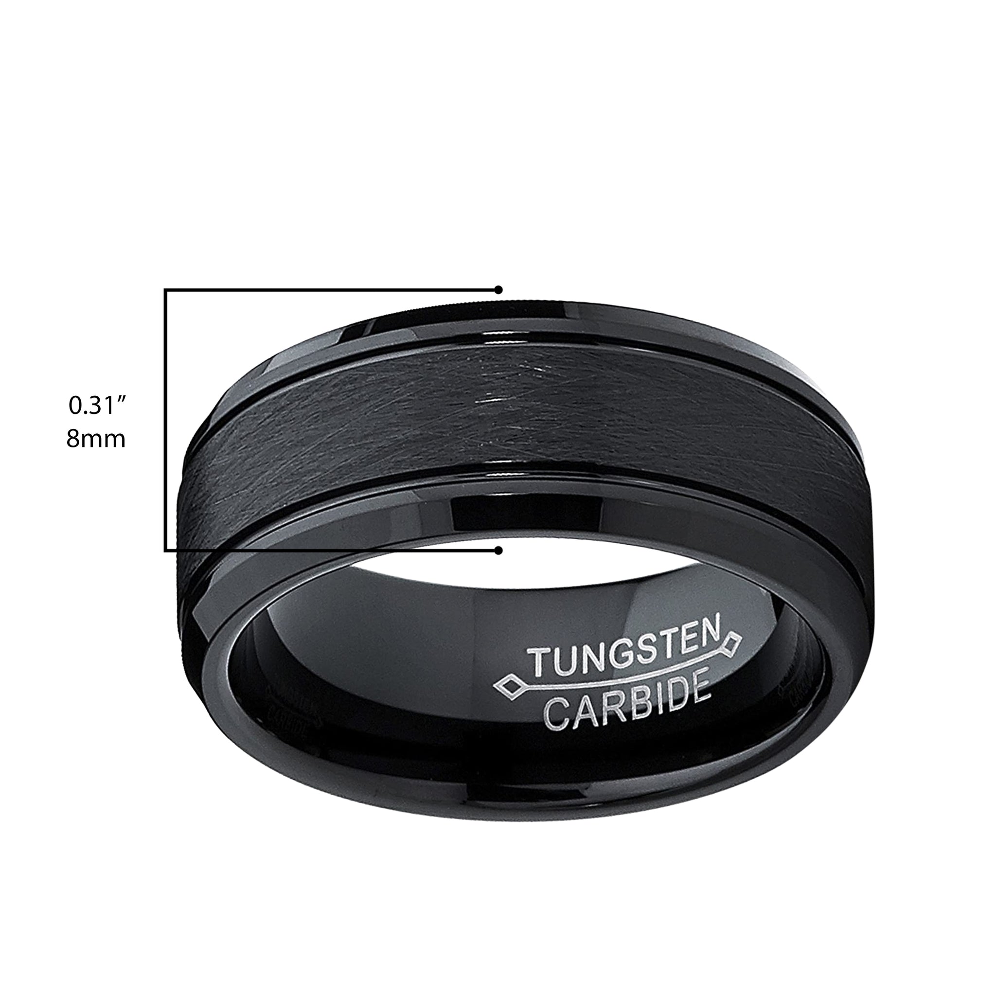 Tungsten Carbide Men's Black Brushed Textured Center Ring Band, 8 mm Comfort Fit Sizes 7 to 15