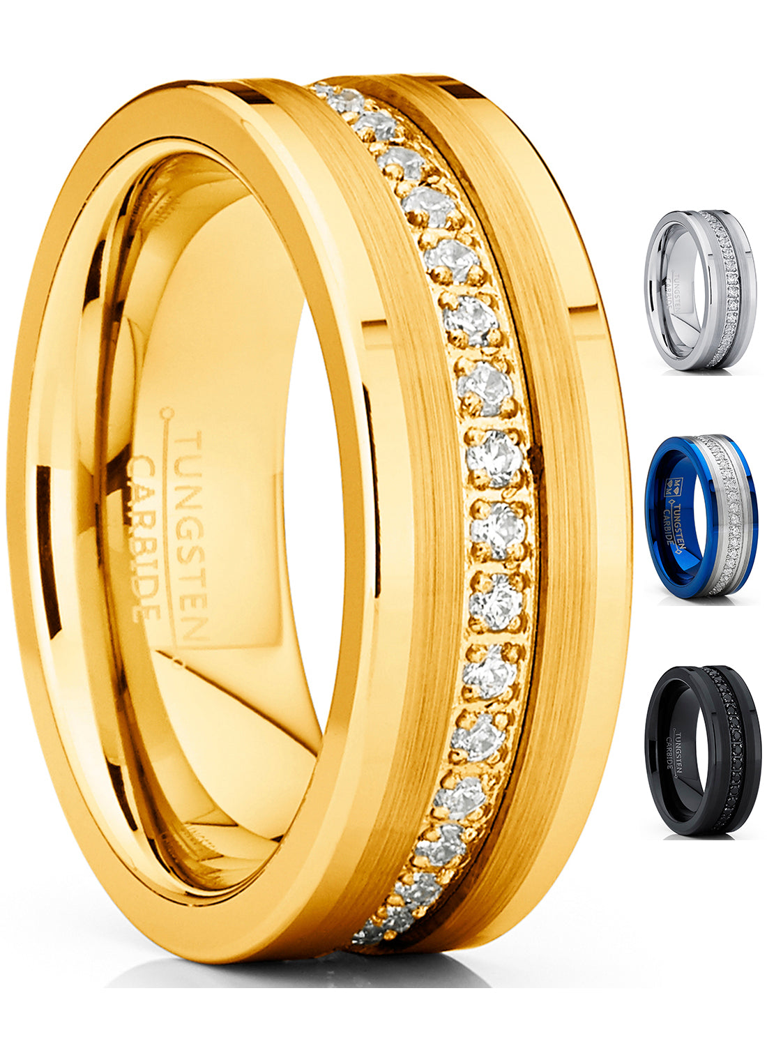 Men's Genuine Tungsten Black Wedding Band Eternity Ring Cubic Zirconia Comfort-Fit