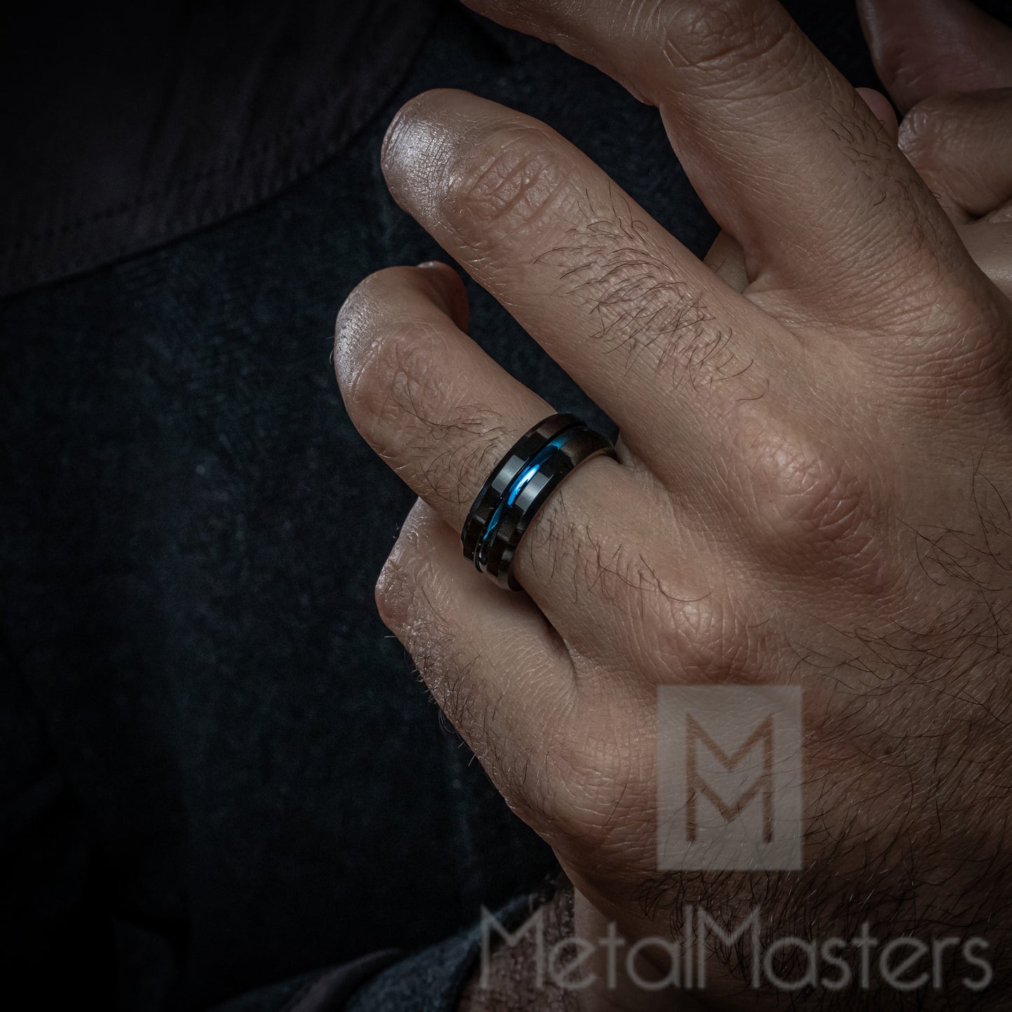 Men's Tungsten Carbide Black and Blue Wedding band Engagement Ring with Grooved Center, Comfort Fit 8mm