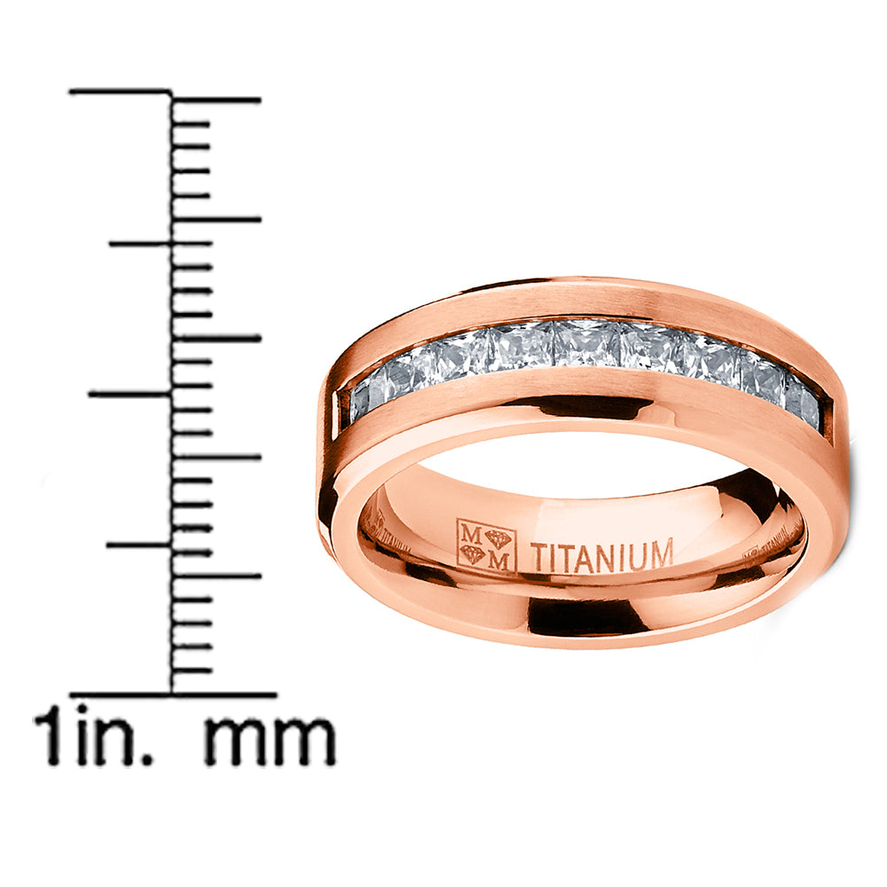 Men's Titanium Wedding Band Engagement Ring 9 Large Cubic-Zirconia Rose Goldtone