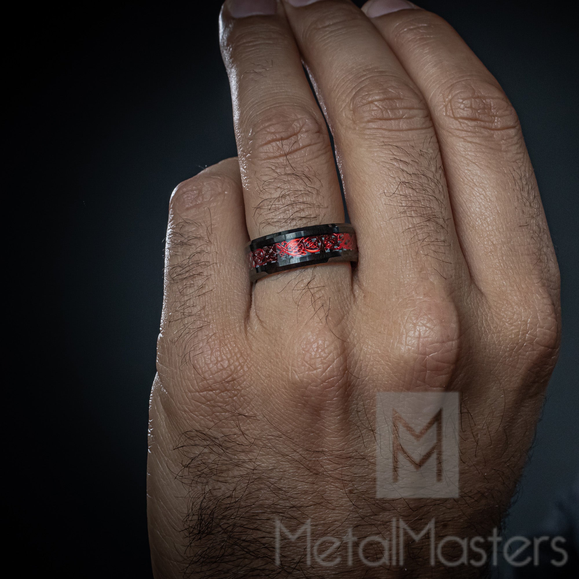 Men's Dragon Tungsten Ring Wedding Band Black Red Carbon Fiber Comfort-Fit 8MM