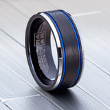 Men's Tungsten Carbide Black and Blue Textured Wedding Band Ring Comfort Fit 8mm