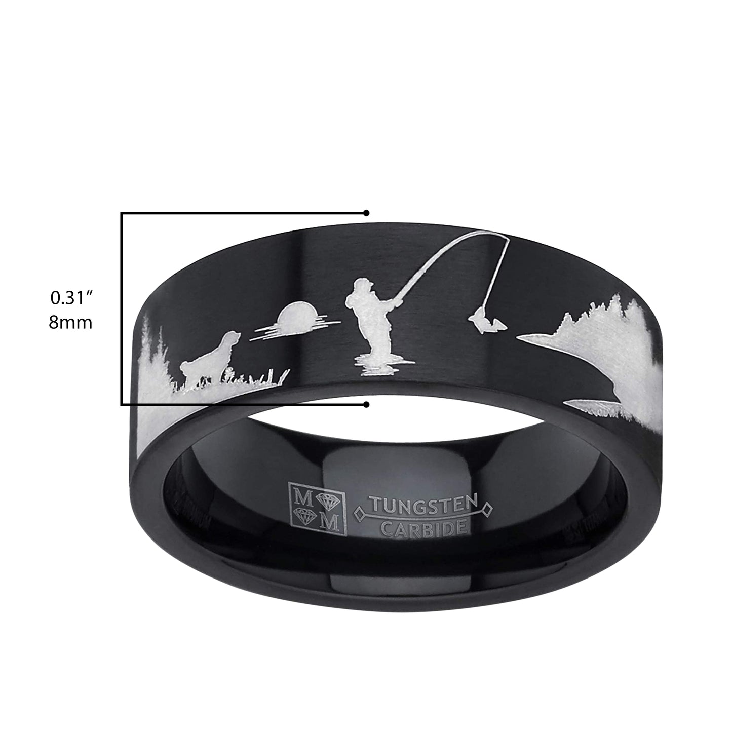 Men's Fly Fishing Ring Tungsten Wedding Band 8MM Lake Outdoors