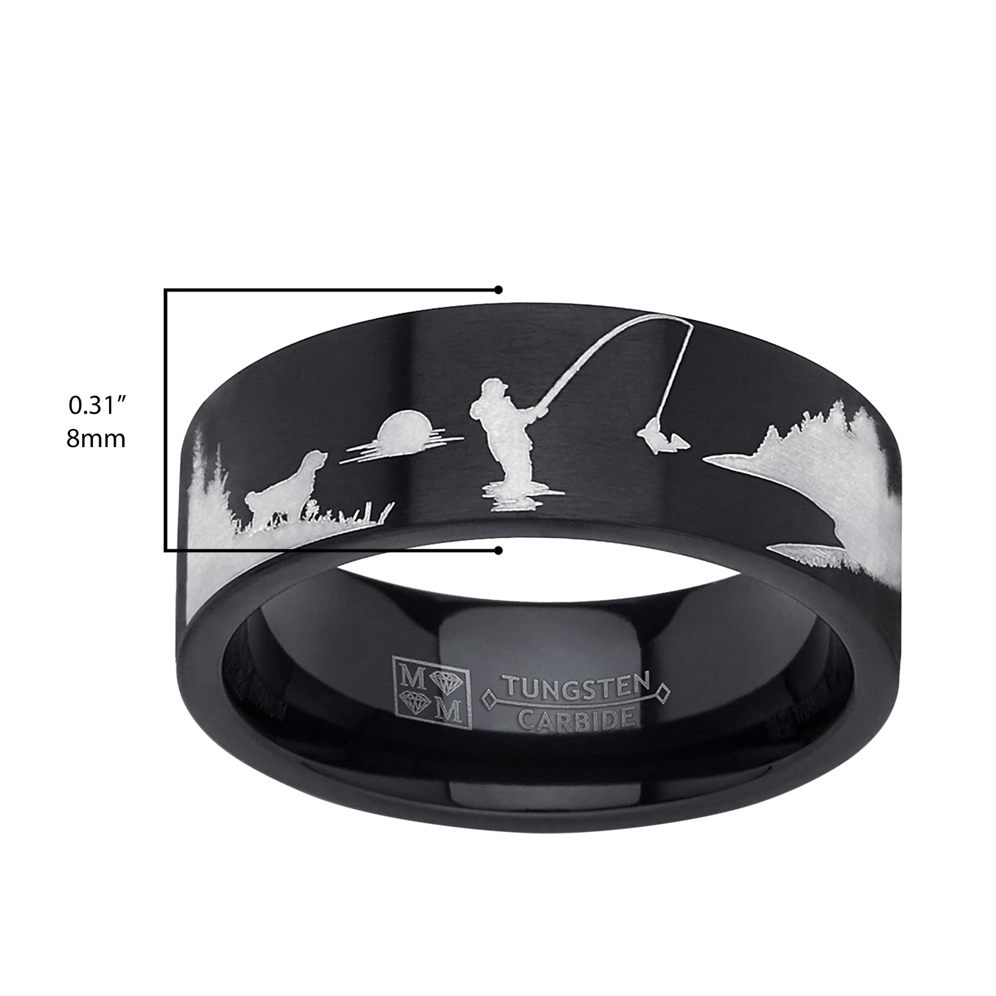 Men's Fly Fishing Ring Tungsten Wedding Band 8MM Lake Outdoors