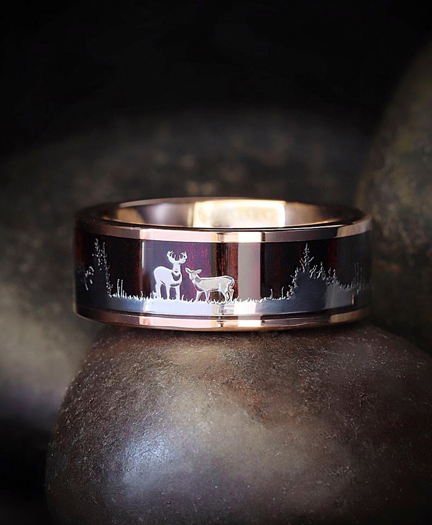Men's Rose Goldtone Tungsten Hunting Ring Wedding Band Wood Inlay Deer Stag Silhouette