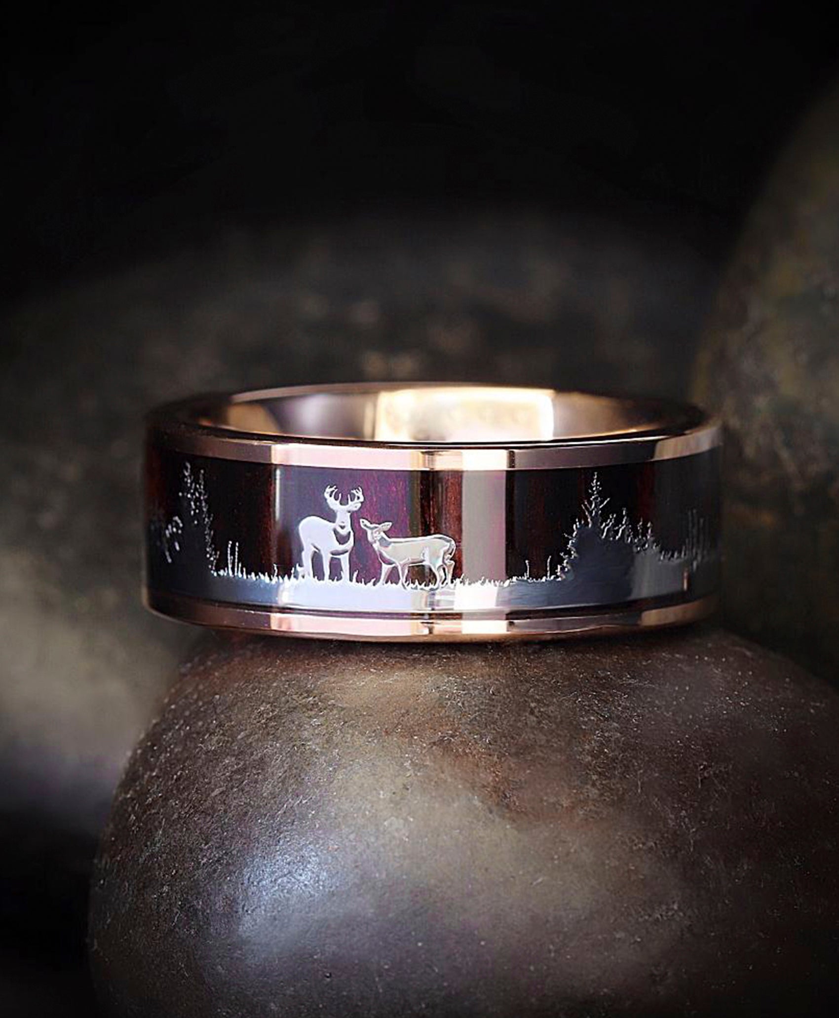 Men's Rose Goldtone Tungsten Hunting Ring Wedding Band Wood Inlay Deer Stag Silhouette