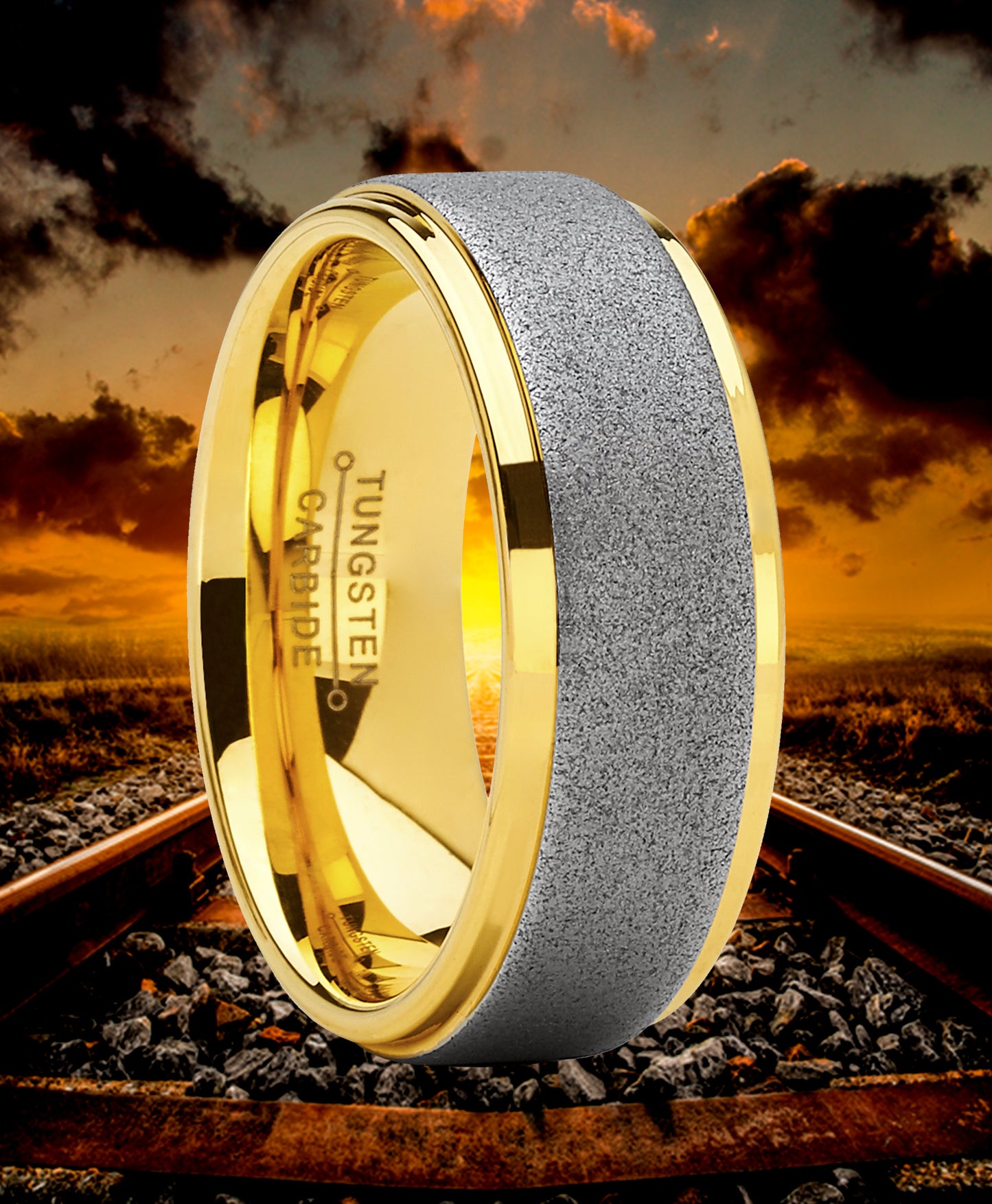 Men's Tungsten Carbide Ring Goldtone Wedding Band, Sandblasted Brushed, Comfort Fit