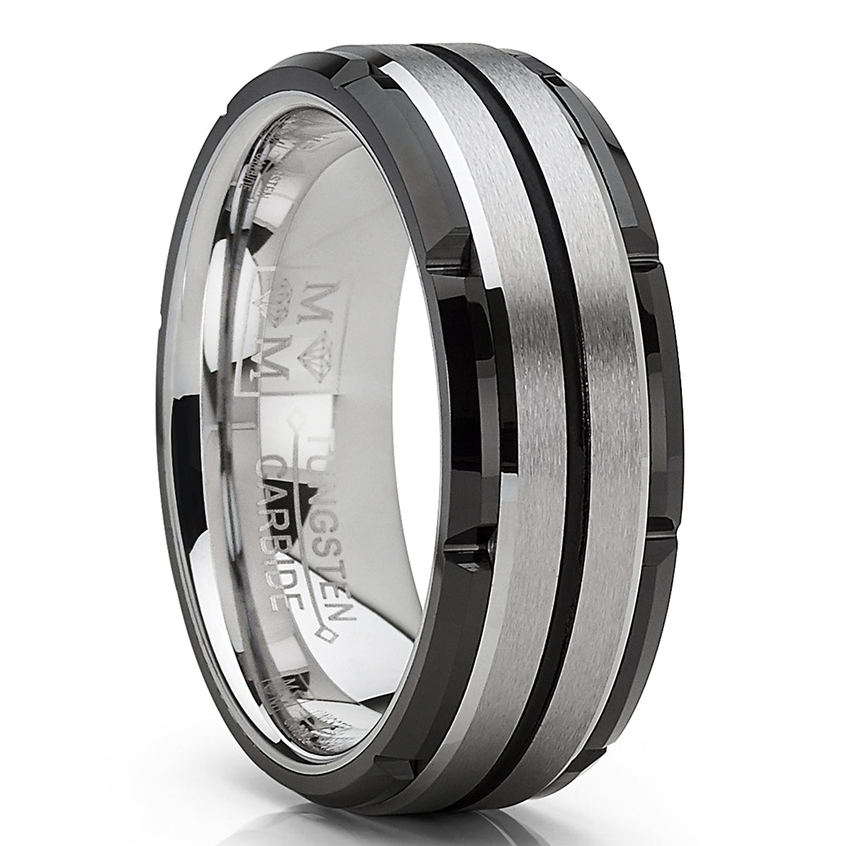 Men's Tungsten Carbide Wedding Band Flat Top Brushed Two Tone Black Ring 8mm