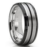 Men's Tungsten Carbide Wedding Band Flat Top Brushed Two Tone Black Ring 8mm