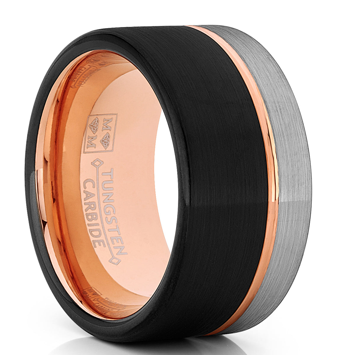 Tungsten Wedding Band Ring 12mm for Men Black & Rose Goldtone Pipe Cut