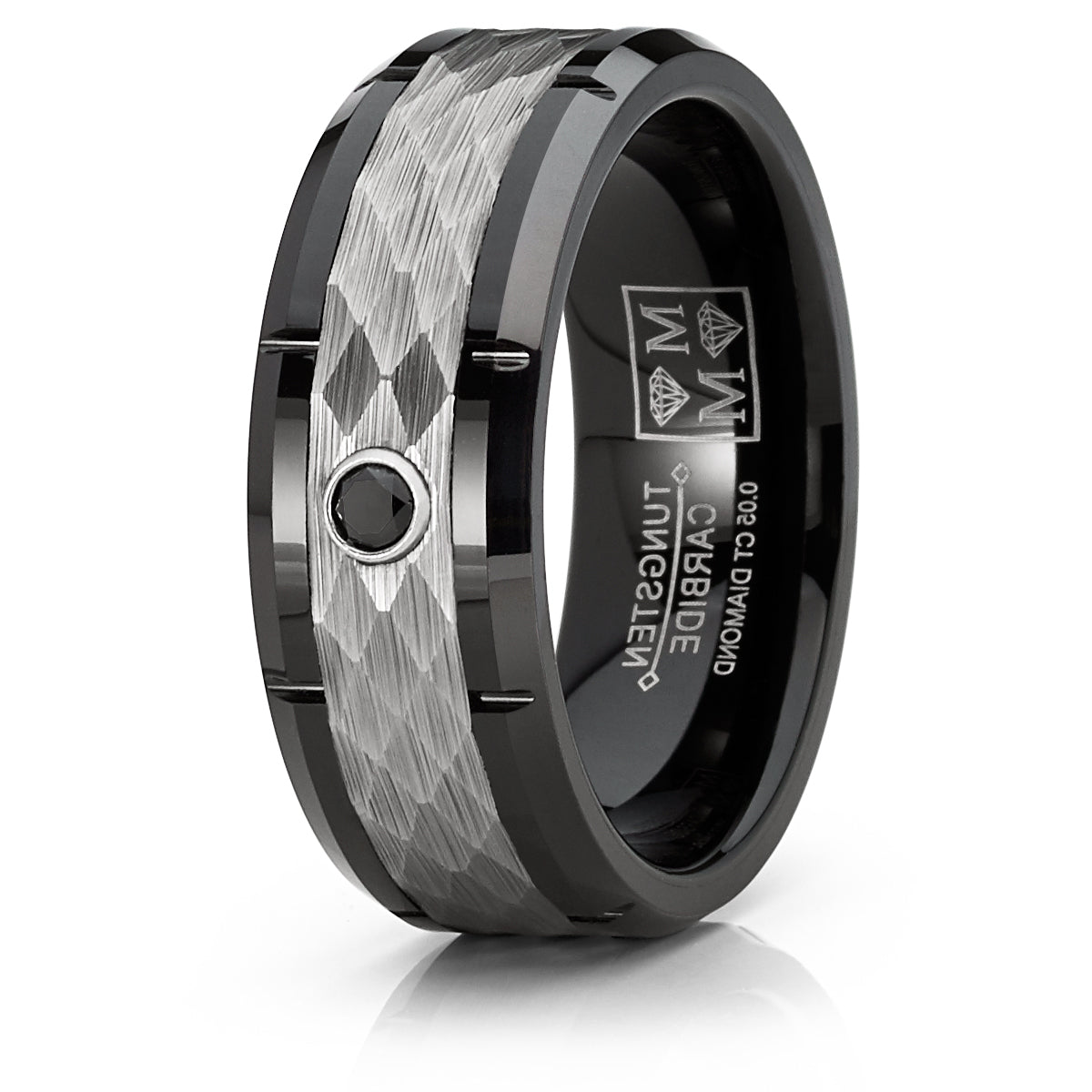 Men's Black Tungsten Wedding Band Engagement Ring Hammered Center Real 0.05 CT Black Diamond