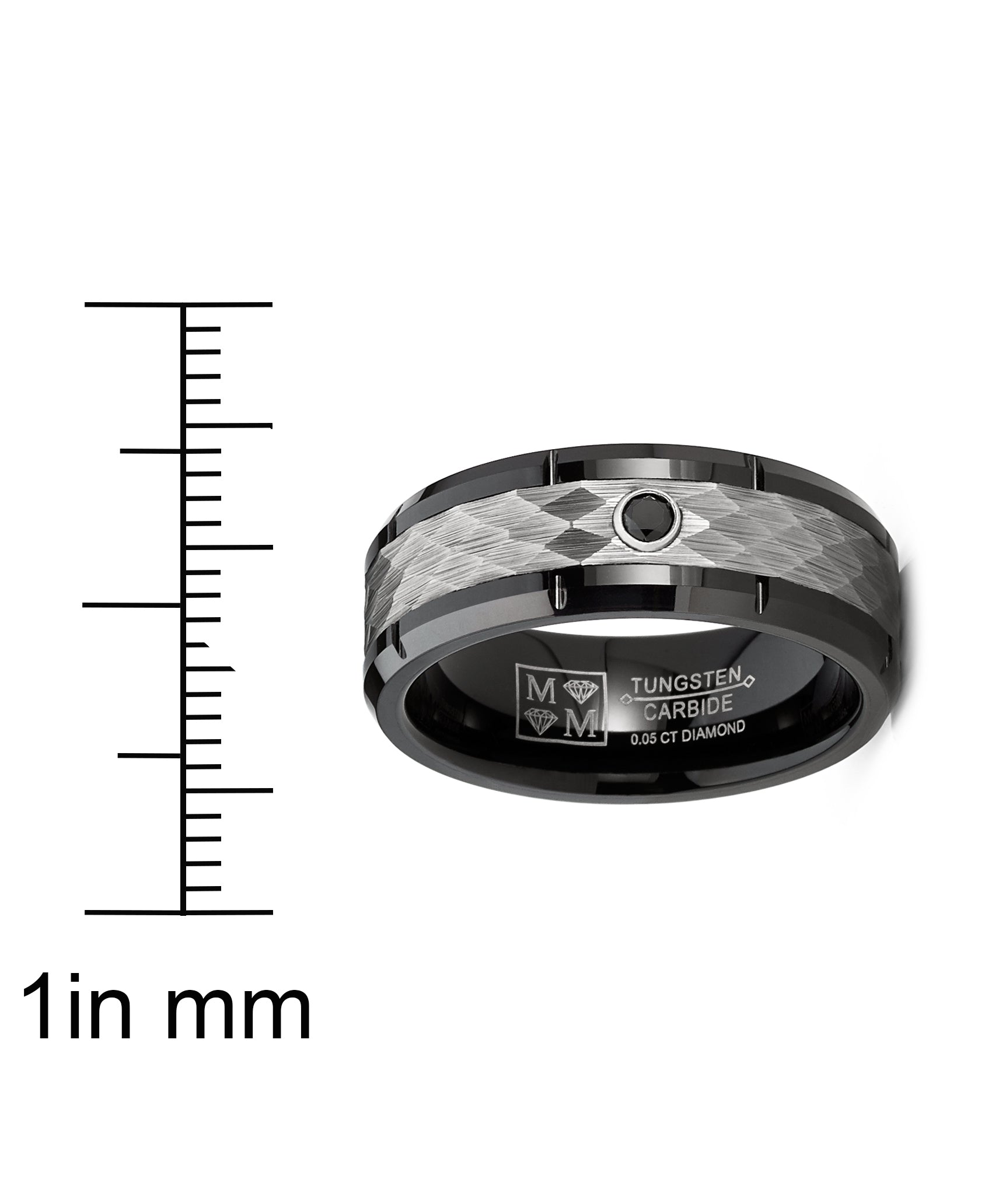 Men's Black Tungsten Wedding Band Engagement Ring Hammered Center Real 0.05 CT Black Diamond
