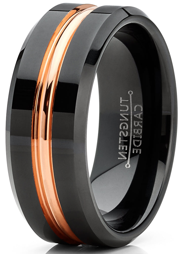 Men's Tungsten Wedding Band Ring Rose Goldtone Grooved Center Black 8MM 7-15