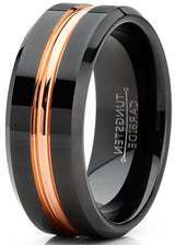 Men's Tungsten Wedding Band Ring Rose Goldtone Grooved Center Black 8MM 7-15