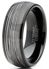 Mens Tungsten Wedding Band Steel Cables Ring Inlay Black Dome 8MM Sizes 7-15