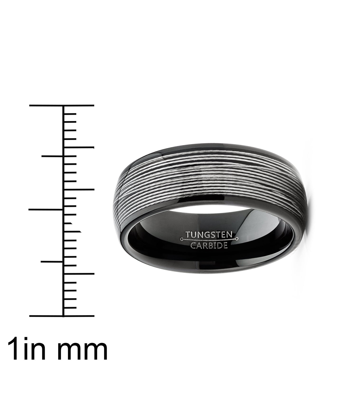 Mens Tungsten Wedding Band Steel Cables Ring Inlay Black Dome 8MM Sizes 7-15