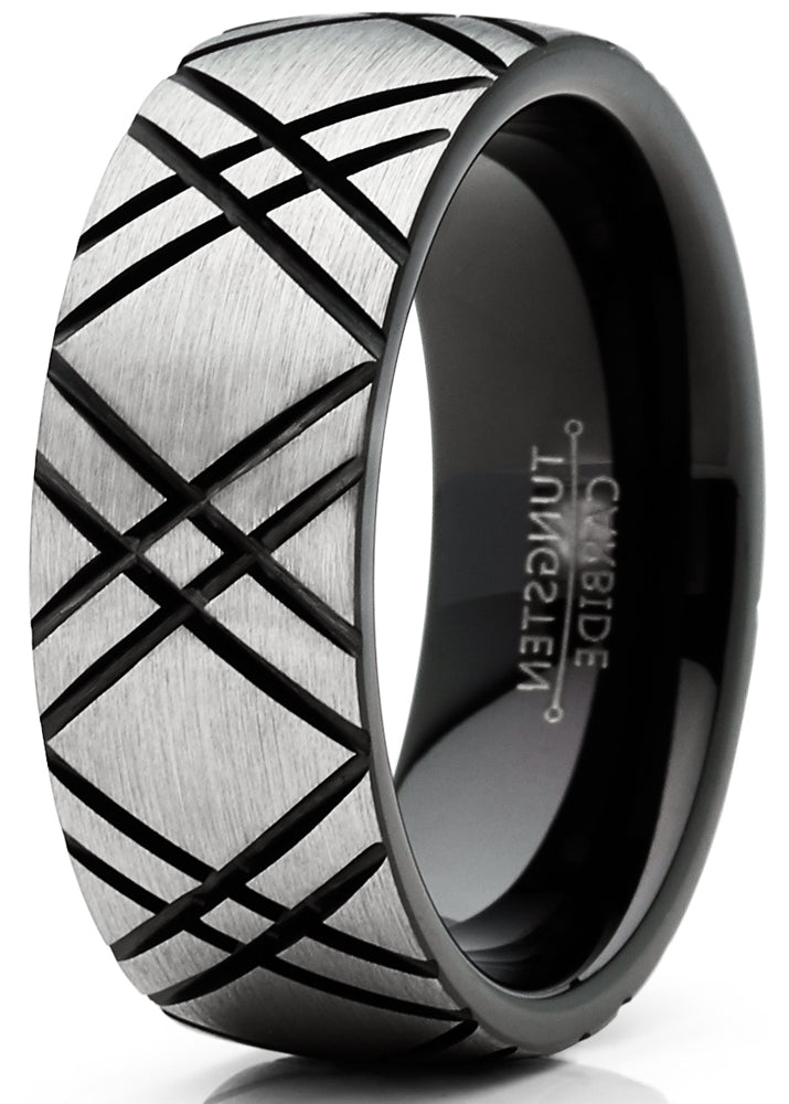 Mens Tungsten Ring Two-Tone Dome Wedding Band Black 8MM