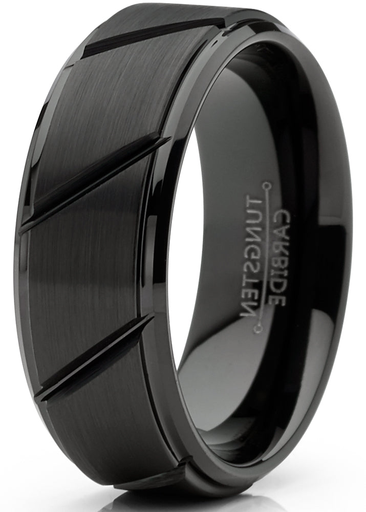 Mens Tungsten Ring Black Grooved Wedding Band Beveled Edges Comfort-fit 8MM