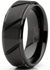 Mens Tungsten Ring Black Grooved Wedding Band Beveled Edges Comfort-fit 8MM