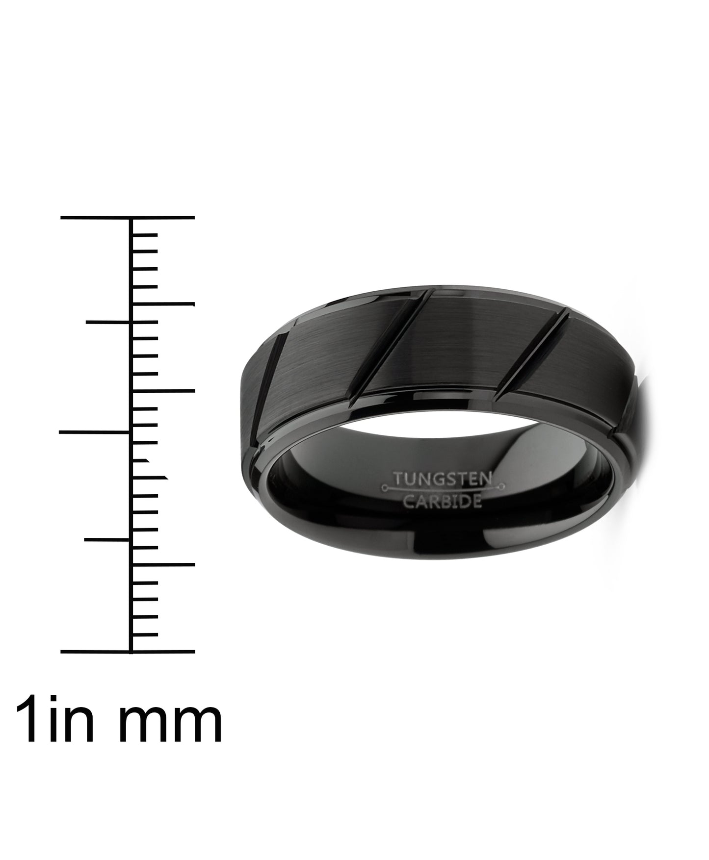 Mens Tungsten Ring Black Grooved Wedding Band Beveled Edges Comfort-fit 8MM