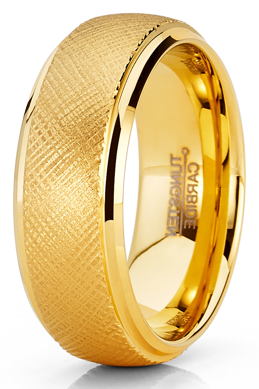 Mens Tungsten Ring Goldtone Wedding Band Dome Textured Brushed Comfort-fit 8MM