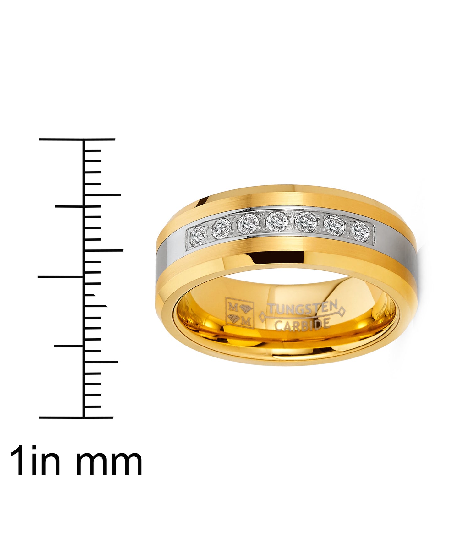 Men's Goldtone Tungsten Carbide Steel Ring Wedding Band Cubic Zirconia 8MM