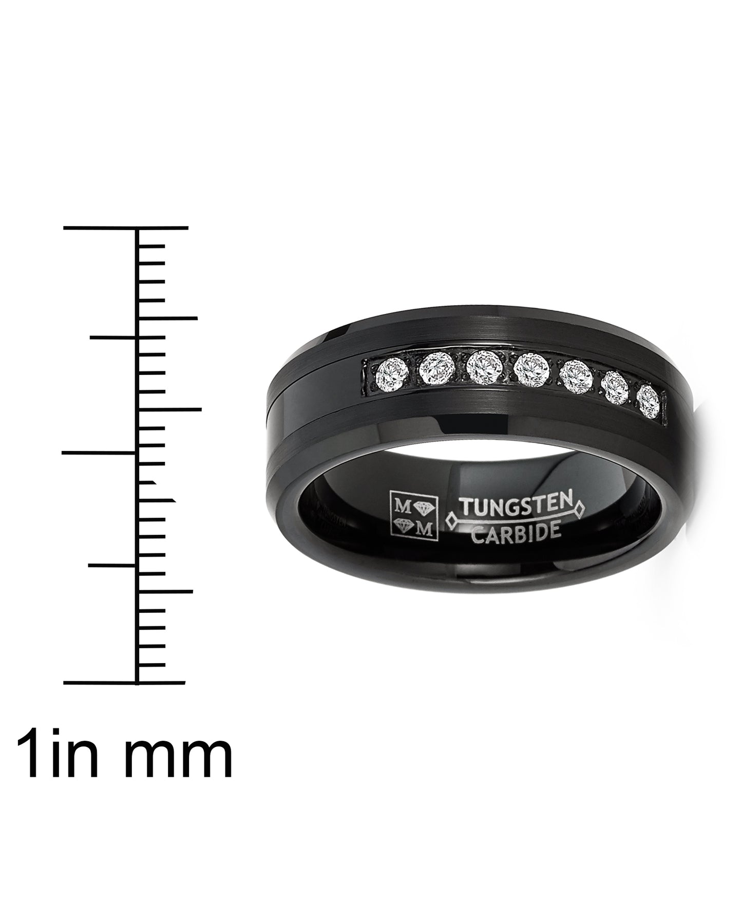 Mens Tungsten Ring Black Stainless Steel Wedding Band Round Cubic Zirconia 8MM