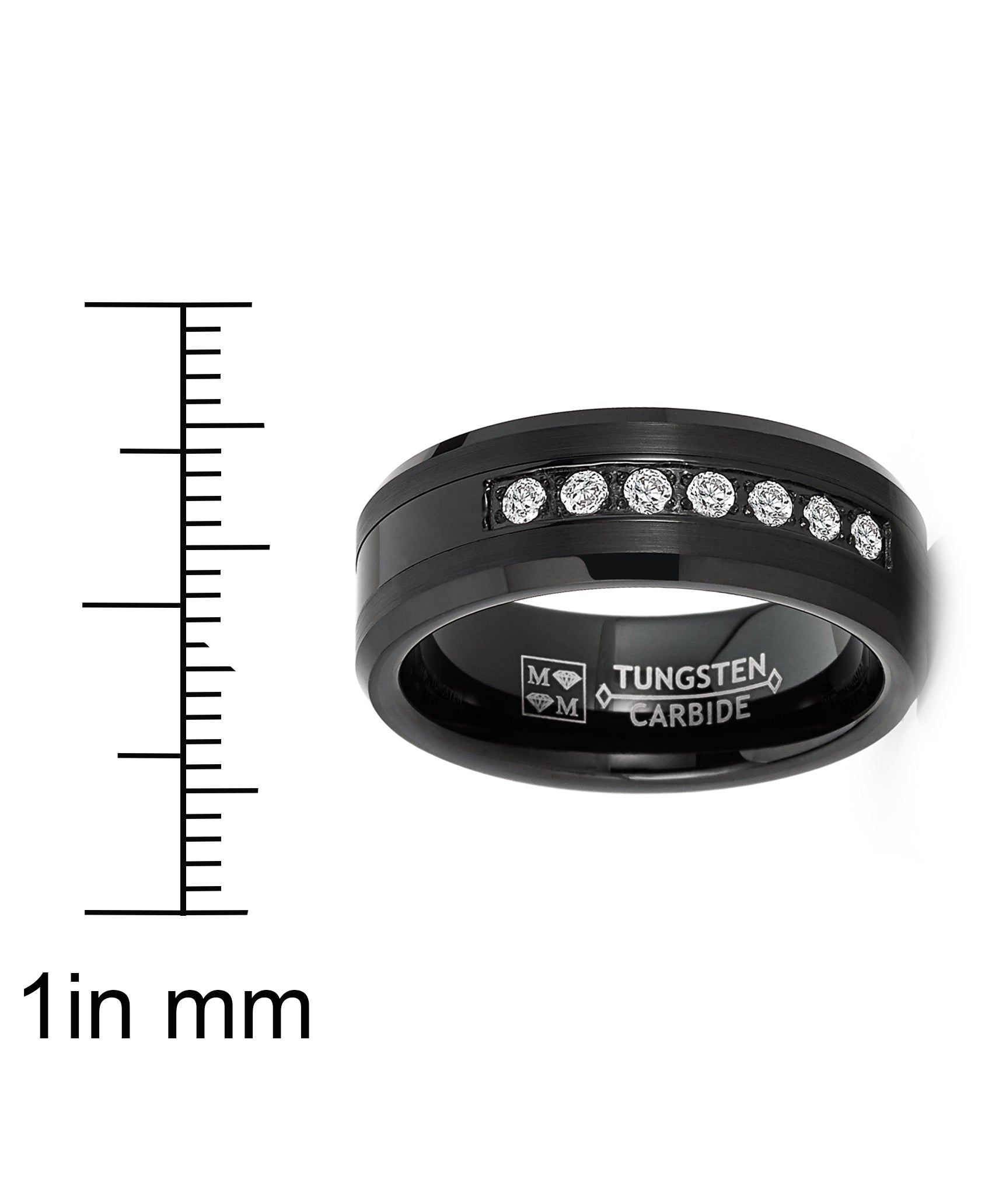 Mens Tungsten Ring Black Stainless Steel Wedding Band Round Cubic Zirconia 8MM