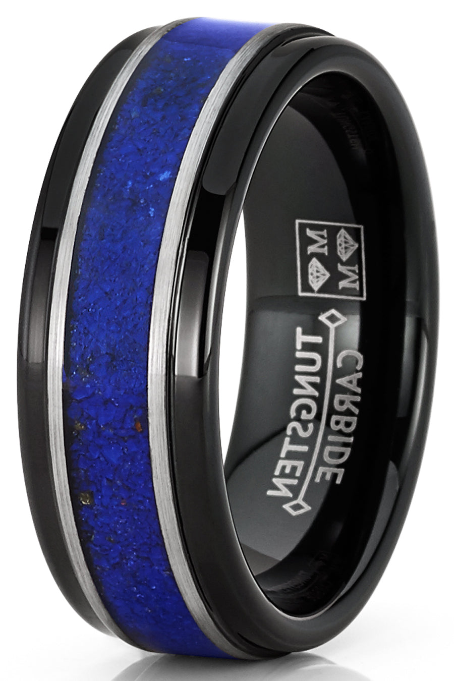 Men's Tungsten Ring Blue Lapis Lazuli Gemstone Inlay Wedding Band Comfort-Fit 8MM