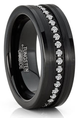 Mens Tungsten Ring Black Eternity Wedding Band Clear Cubic-Zirconia Comfort-fit 8MM