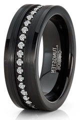 Mens Tungsten Ring Black Eternity Wedding Band Clear Cubic-Zirconia Comfort-fit 8MM