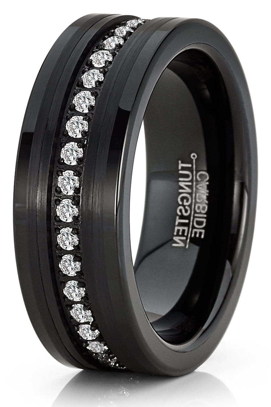Mens Tungsten Ring Black Eternity Wedding Band Clear Cubic-Zirconia Comfort-fit 8MM
