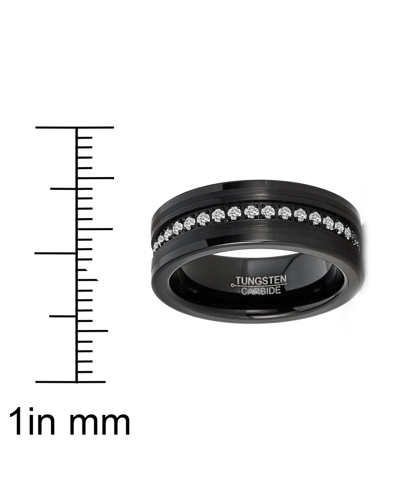 Mens Tungsten Ring Black Eternity Wedding Band Clear Cubic-Zirconia Comfort-fit 8MM