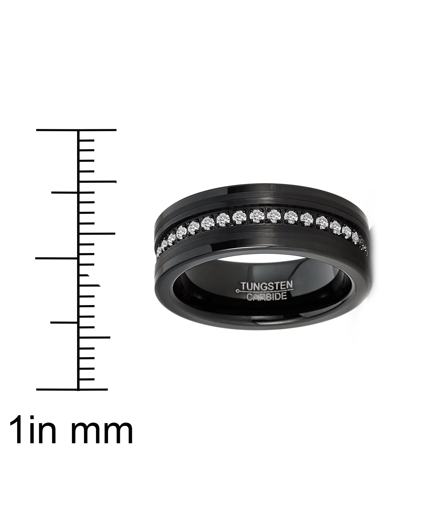 Mens Tungsten Ring Black Eternity Wedding Band Clear Cubic-Zirconia Comfort-fit 8MM