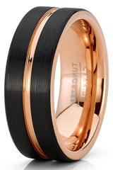 Mens Tungsten Carbide Ring RoseTone Black Grooved Wedding Band  Comfort-fit 8MM