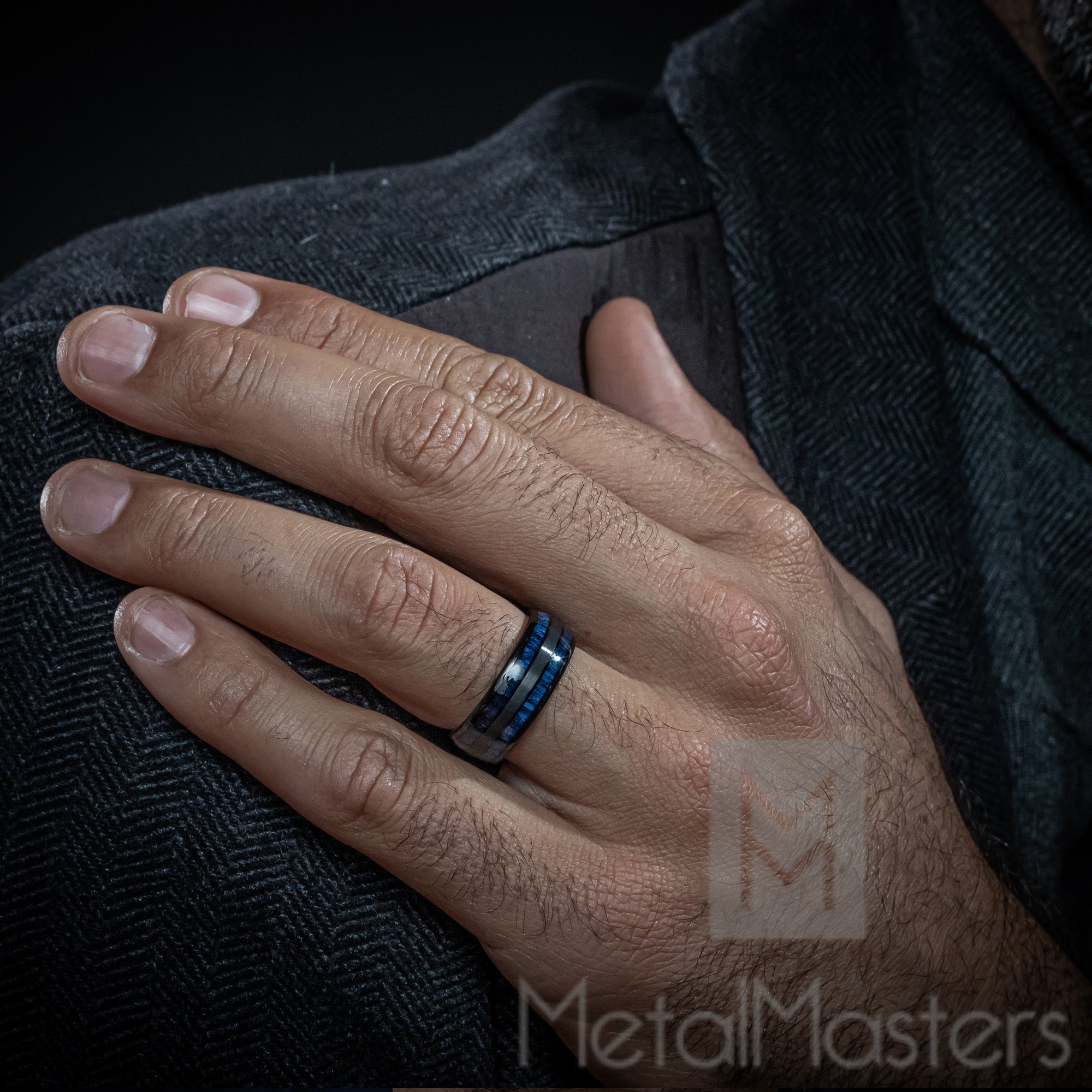 Men's Tungsten Carbide Ring Dome Real Blue Wood Inlay Wedding Band 8MM