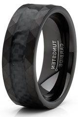 Men's Tungsten Carbide Ring Carbon Fiber Inlay Hammered Wedding Band Black 8MM