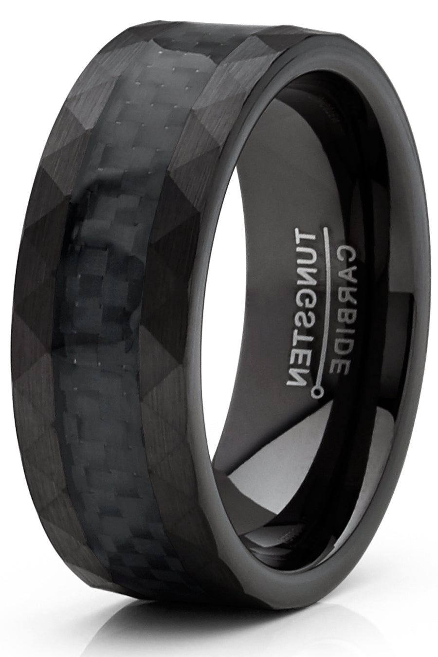 Men's Tungsten Carbide Ring Carbon Fiber Inlay Hammered Wedding Band Black 8MM