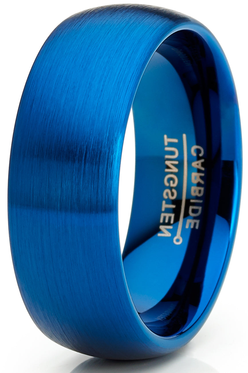 Men's Blue Tungsten Carbide Wedding Band Ring Dome 8MM Brushed Comfort-Fit High Polish