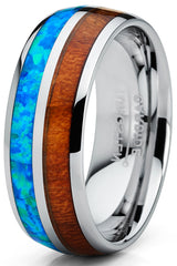 Men's Tungsten Carbide Wedding Band Ring Blue Opal Real Koa Wood Inlay Comfort-Fit 8MM