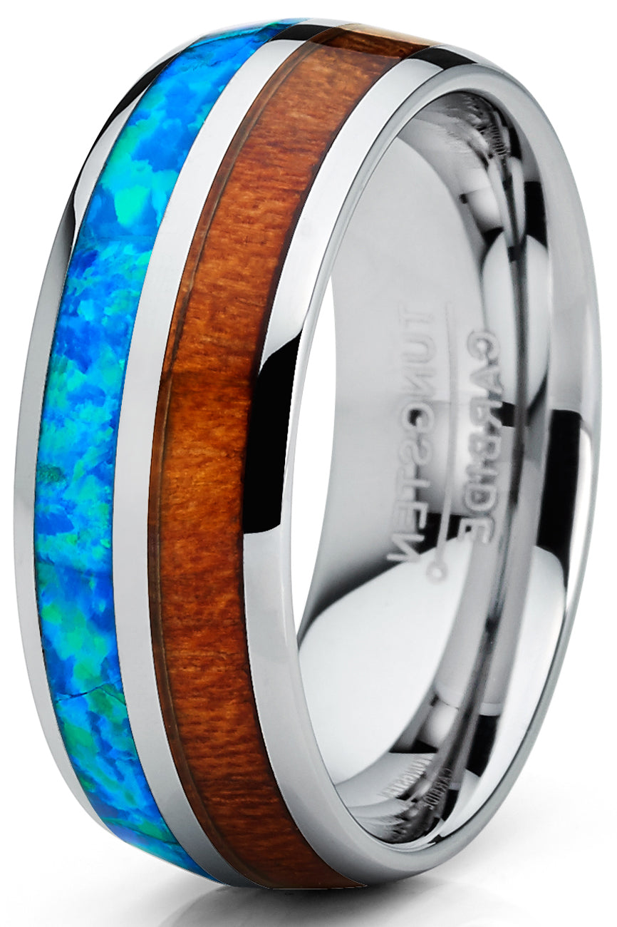 Men's Tungsten Carbide Wedding Band Ring Blue Opal Real Koa Wood Inlay Comfort-Fit 8MM