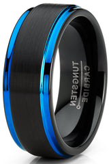 Men's Tungsten Carbide Wedding Band Ring Black Blue Edges 8MM Comfort-Fit