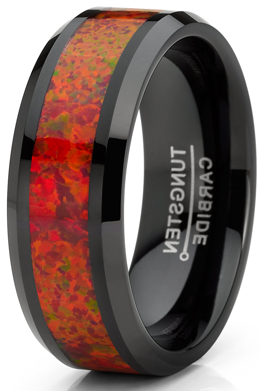 Men's Red Fire Crushed Opal Tungnsten Wedding Band Ring Black 8MM Comfort-Fit