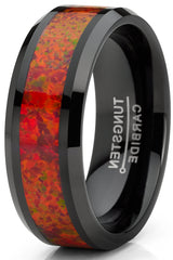 Men's Red Fire Crushed Opal Tungnsten Wedding Band Ring Black 8MM Comfort-Fit