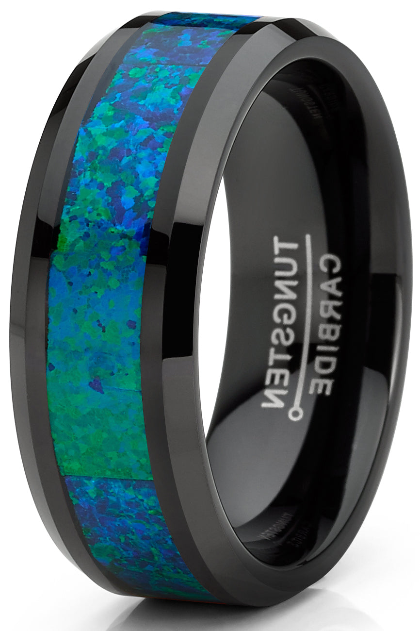 Men's Black Tungsten Carbide Wedding Band Ring Blue Green Crushed Opal 8MM Comfort-Fit