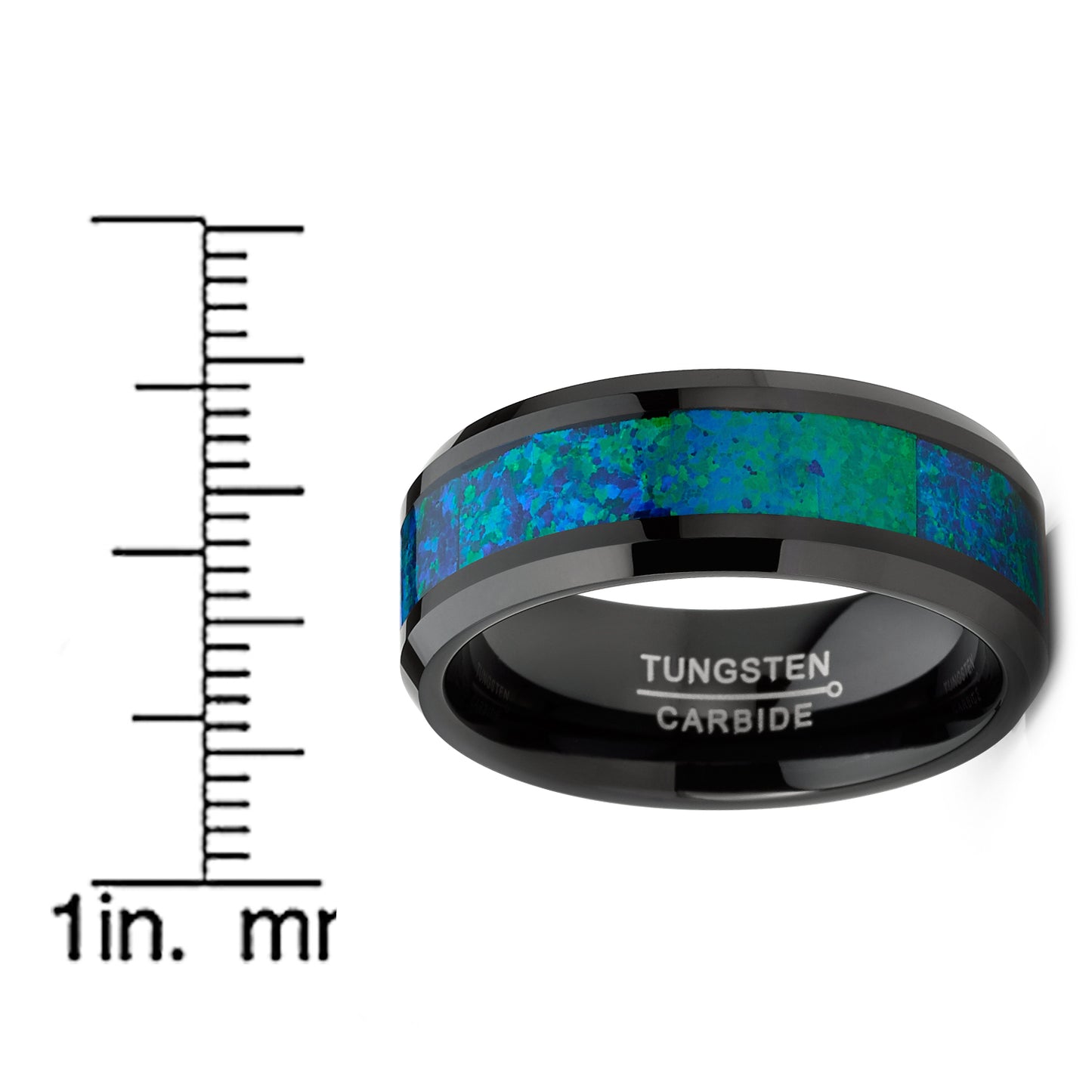 Men's Black Tungsten Carbide Wedding Band Ring Blue Green Crushed Opal 8MM Comfort-Fit